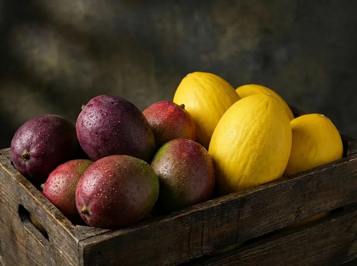 Caixotes de frutas Frutos del Edén prontos para distribuição